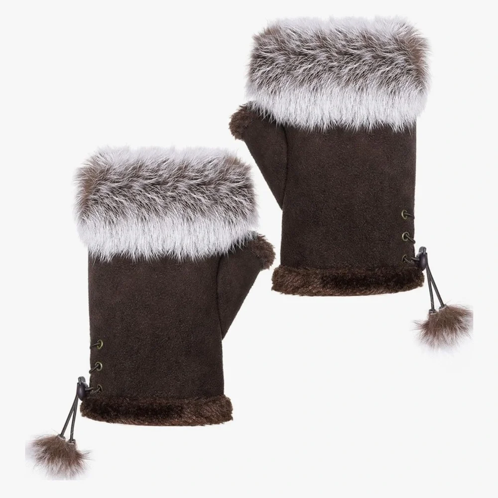 🆕 Women Faux Fur Fingerless Gloves Winter Warm Fuzzy Half Finger Mittens Womens